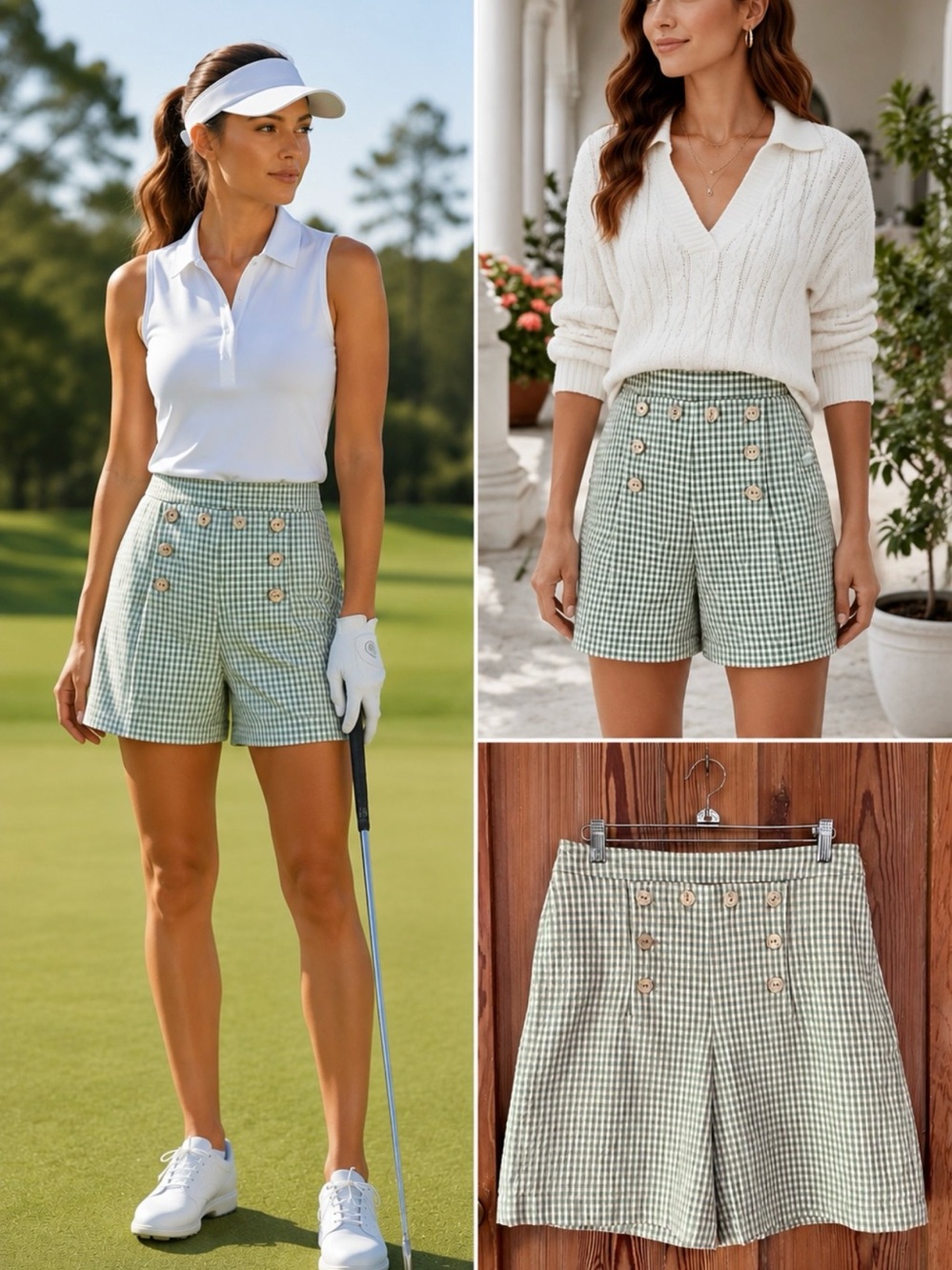 Marie Valois Gingham Sailor Golf Shorts High Waist Resort Coastal Preppy Sz 8 💚🎀